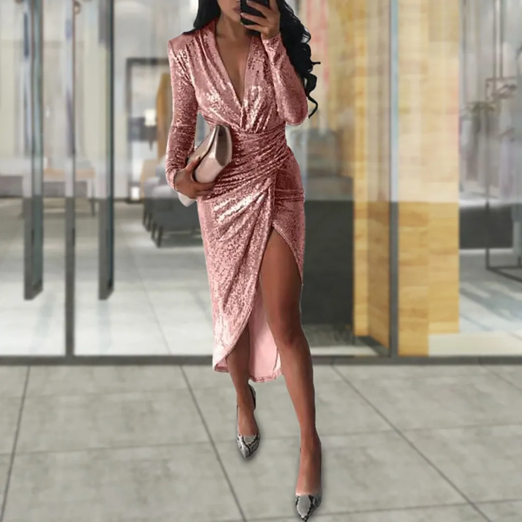 

Women Fashion Sexy Slim Thin Dress Women V-neck Sexy Party Irregular Evening Nightclub Sequin Long Seleves Dress woman dress