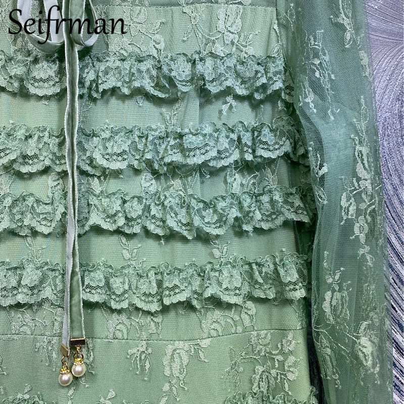 

Seifrmann Women Spring Fashion DesignerParty A-Line Dress Bow Lace Ruffles Solid Printed Elegant Slim Ladies Long Dresses 2021