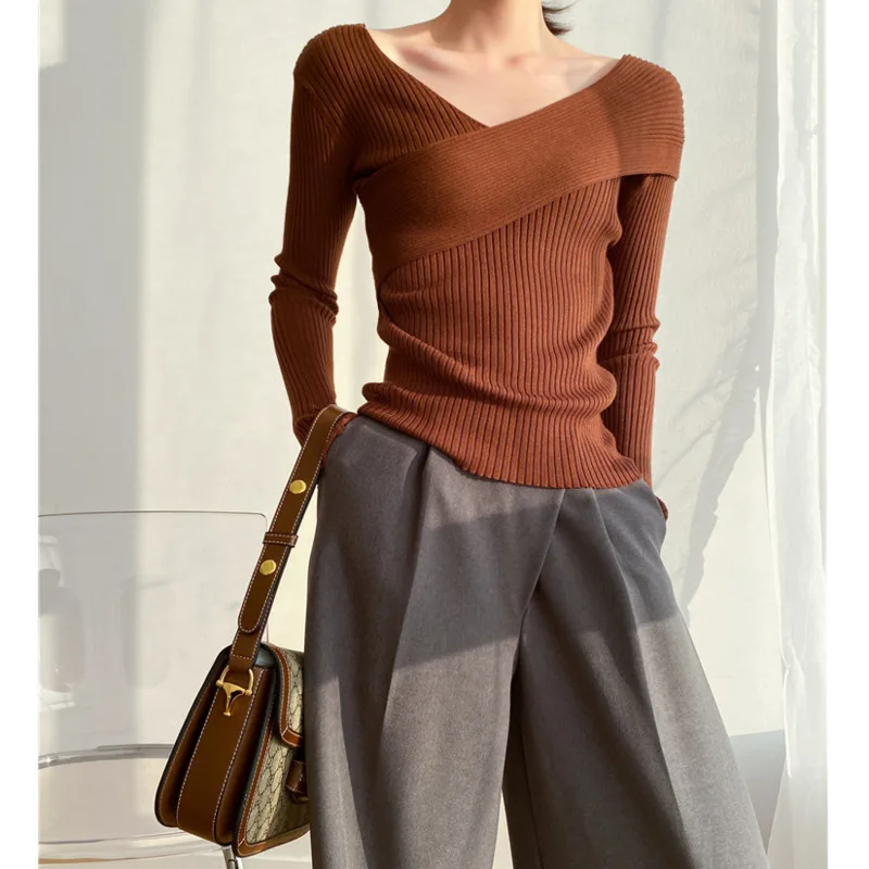 

Винтажная вязаная футболка, женский свитер с длинным рукавом и лентой-резинкой, 2021, Деловые женские элегантные облегающие пуловеры с V-образ...