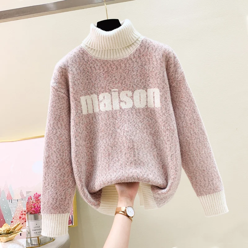 

[ARQ] Spring and Autumn 2021 new turtleneck sweater, loose letter pullover, all-match letter sweater