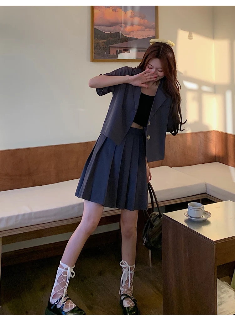 

2021 Women's Jacket Long Sleeve Student Pleated Skirt Suit Female Silver Grey Blazer Lady Office Work Suit Blazers Short Dress
