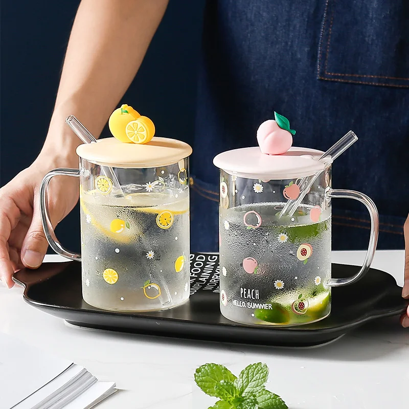 

home office coffee cup tea cup drinkware Couple Mug female summer glass water tumbler cup with cover and straw drinking cup