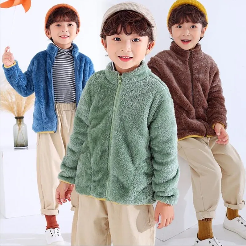 

New Spring Winter Kids Fur Coat Warm Zipper Cardigan Girl Coat 1-11Y Solid Jackets For Girls Boys
