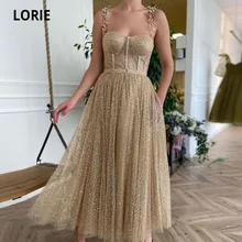 LORIE Gold Prom Dresses 2021 Sweetheart Shiny Gliiter Arabic Evening Gown Tea Length Belt Wedding Party Dress for Graudation (2)