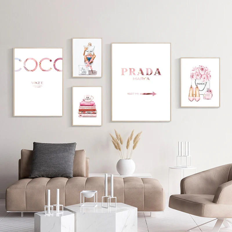 

Fashion Coco Quotes Poster Pink Flower Perfume Woman Wall Art Canvas Painting Modern Abstract Vogue Pictures For Girl Room Decor