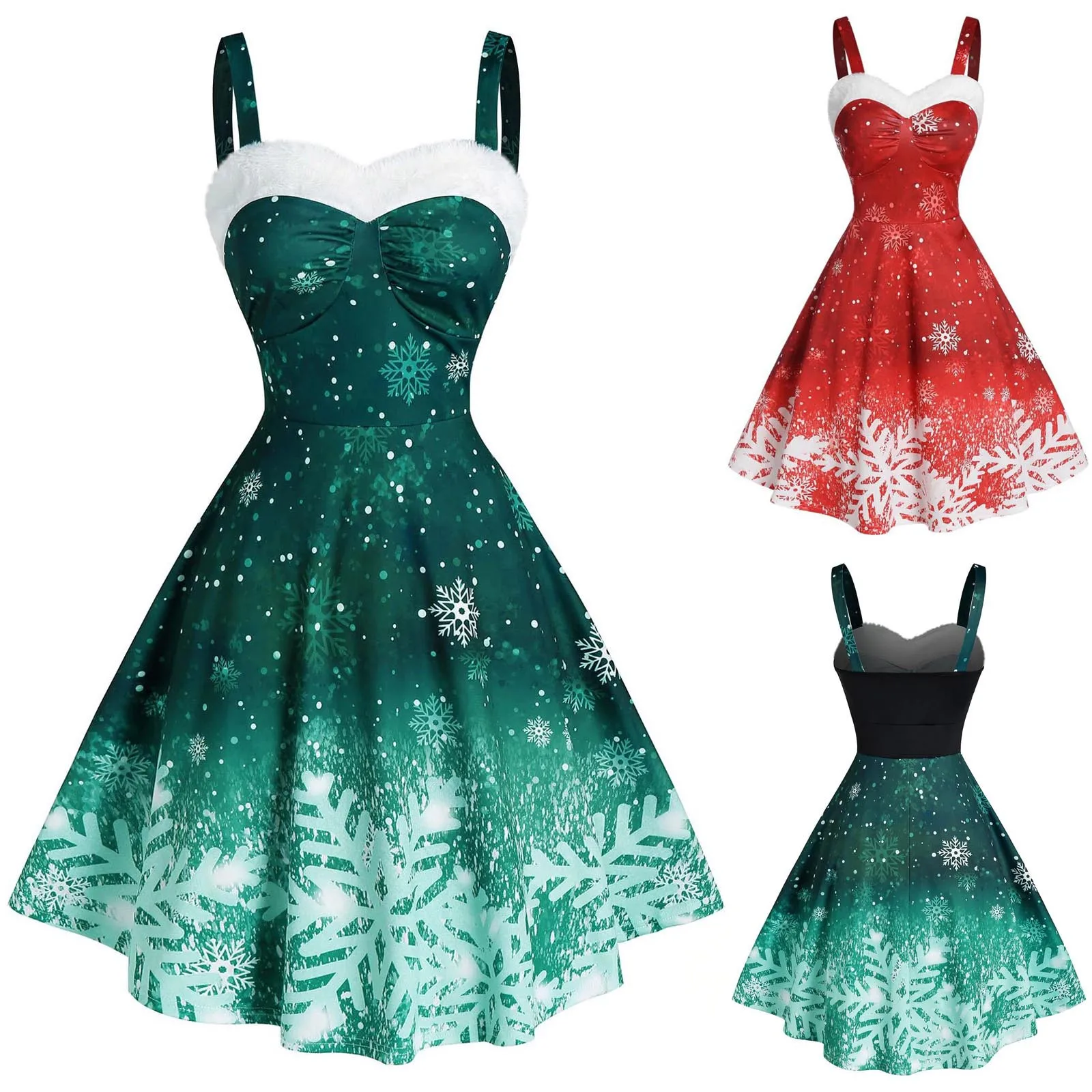 

2021New Christmas Dress Women Vintage Christmas Ombre Color Snowflake Print Off Shoulder Party Dress Skirts Женское Платье