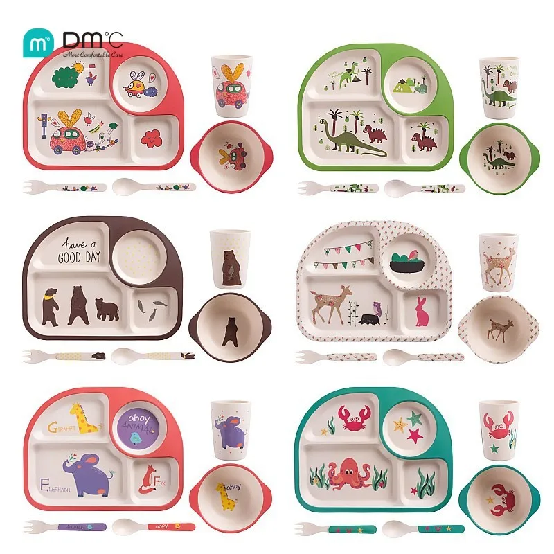 Набор детских столовых приборов из бамбукового волокна 5 шт. мультяшная миска для