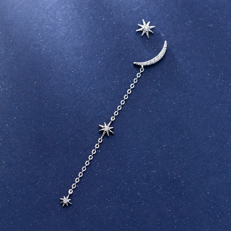100% 925 Sterling Silver Earrings for Women Asymmetric Moon Star Dazzling CZ Chain Stud Jewelry Gift DT48 | Украшения и