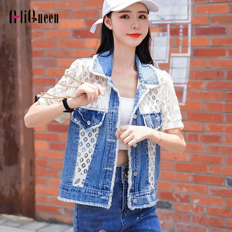 

Women Embroidery Lace Splice Short Denim Jackets Shirt Crop Tops Female Vintage Short Sleeve Tassel Woman Jeans Jacket