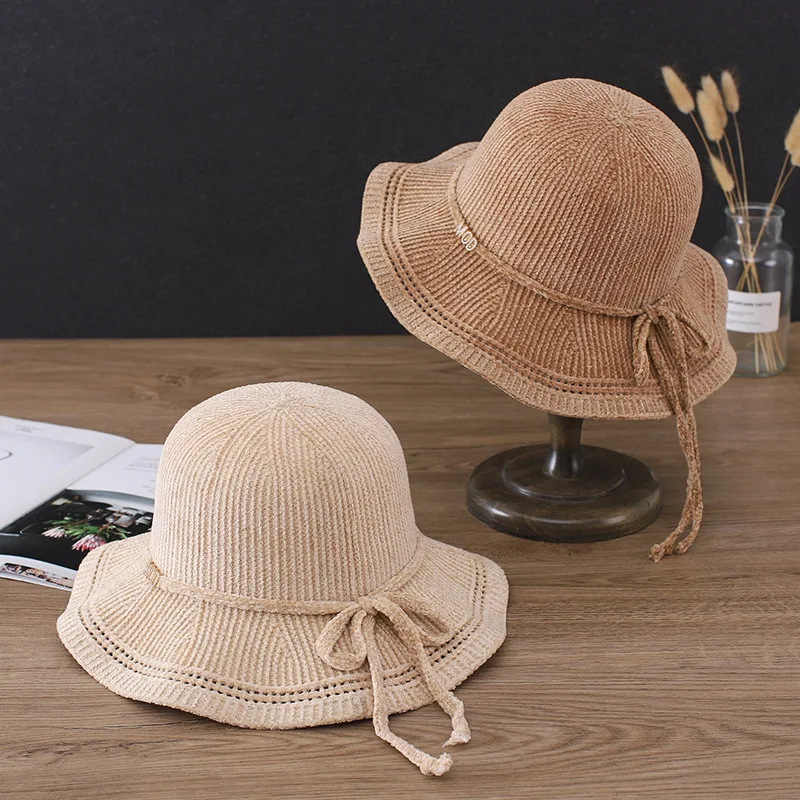 

Japanese Solid-colored Bow Fisherman Hat Female Korean Version Tide of Autumn Winter New Sunscreen Sun Hat Folding Pot Cap