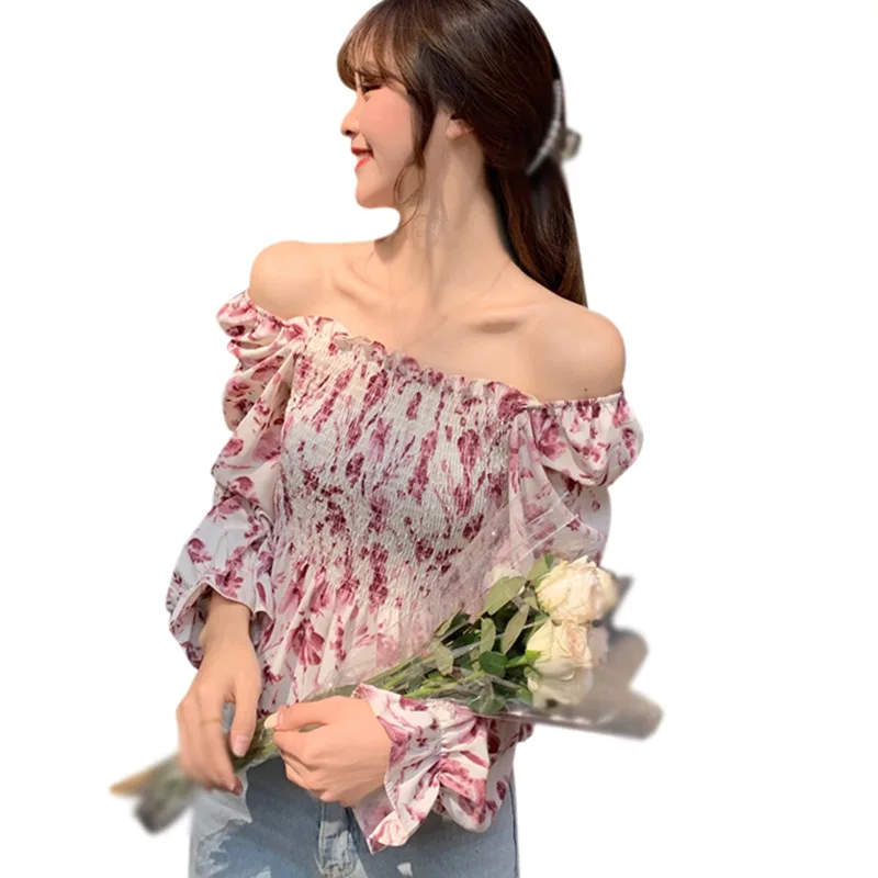 

Women Floral Print Square Collar Blouses Long Sleeve Sexy Sweet Chiffon Shirt Tops 2021