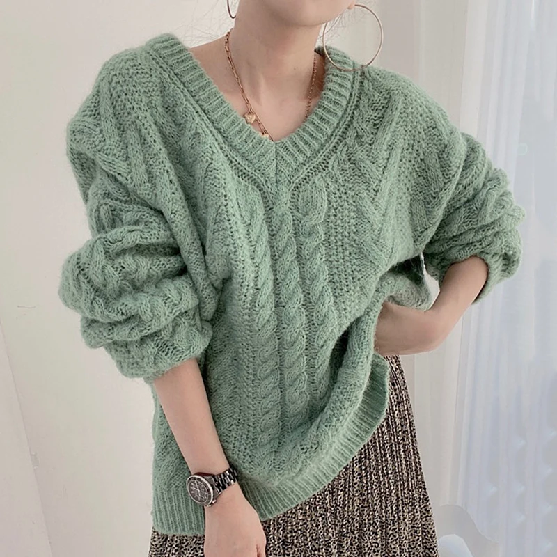 

Korea Chic Lazy Style V-neck Pullover Loose Linen Pattern Side Slits Solid Color Skin-friendly Long-sleeved Sweater