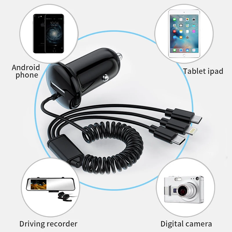 Universal 3 in 1 Cigarette Lighter Car Charger 15W Cables Type-C/IOS/Micro-USB Mini Power Adapter Socket for GPS/DVR/Phone | Автомобили и