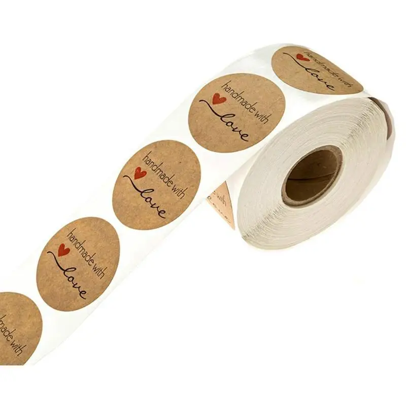 

500Pcs Handmade with Love Stickers Vintage Kraft Paper Stickers Round Self Adhesive Kraft Paper Labels Gift Tag