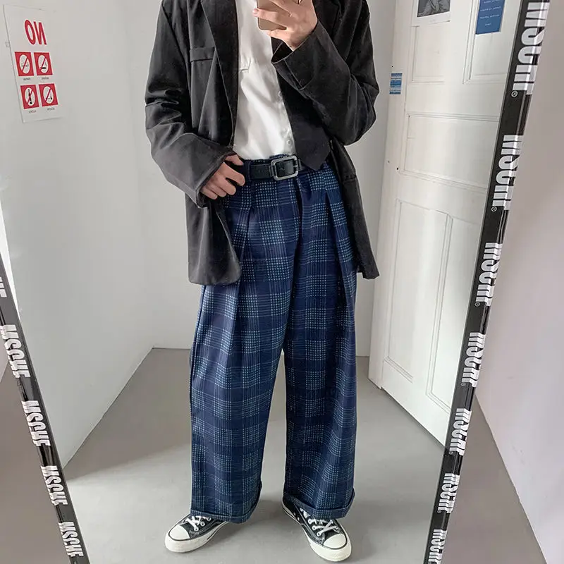 

Spring Plaid Pants Men's Fashion Retro Casual Pants Men Streetwear Korean Loose Hip-hop Straight Wide-leg Pants Mens Trousers