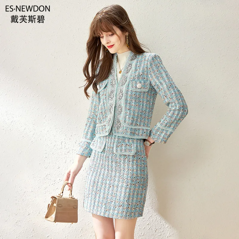 

Esnewdon 2021 Autumn Winter 2 Piece Dress Set Elegant Coat Embroidered Flares Half Open Collar Tweed Vest Office Lady Skirt