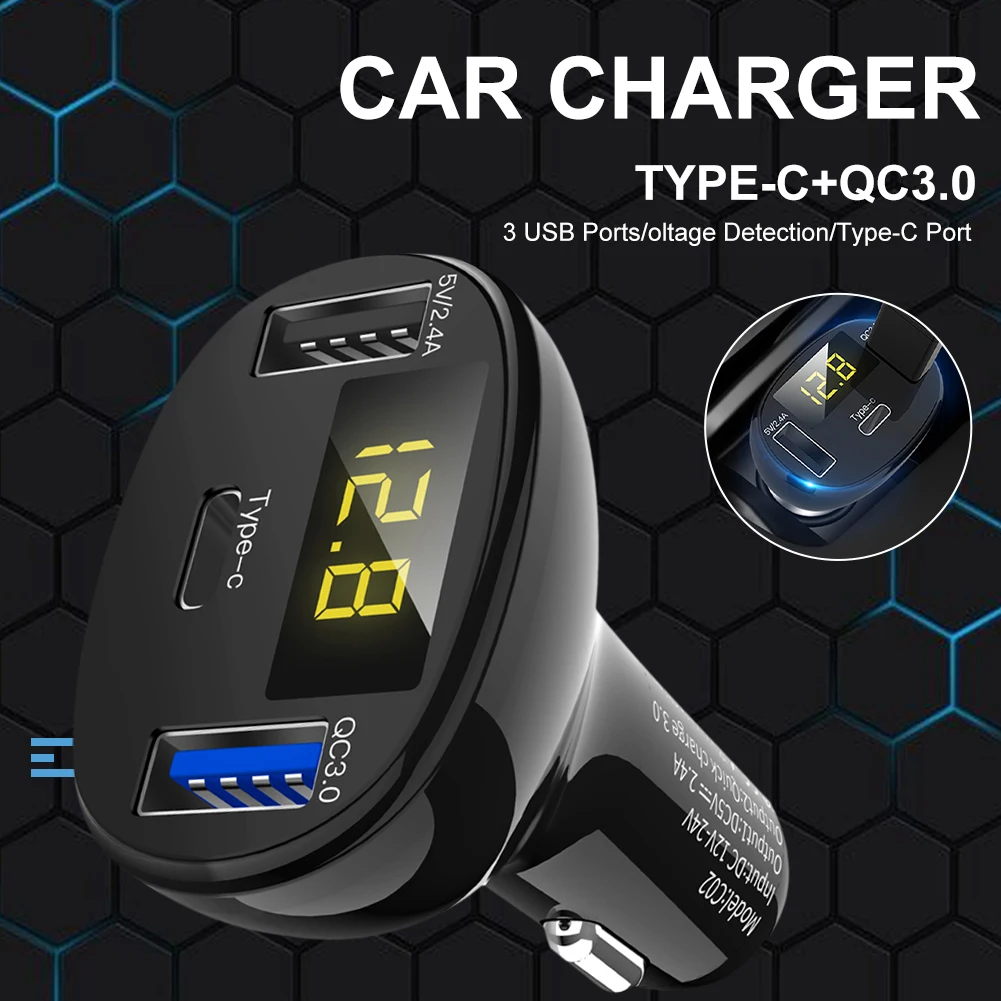 

Car Charger 12-24V Triple USB Ports 2.4A/USB-C/QC3.0 Fast Charging Lighter Adapter with Digital Voltmeter for Phones Tablets