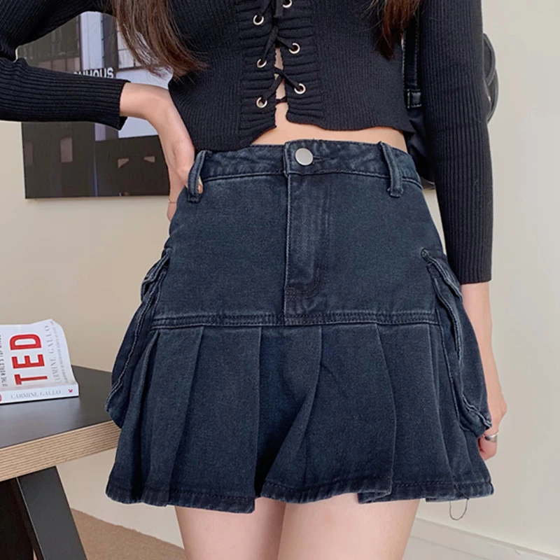 

BETHQUENOY 2021 Women Mujer Faldas Woman Skirt Midi Jupe Femme Pleated Denim Skirts Saias Mulher Plisada Spodnica Damska