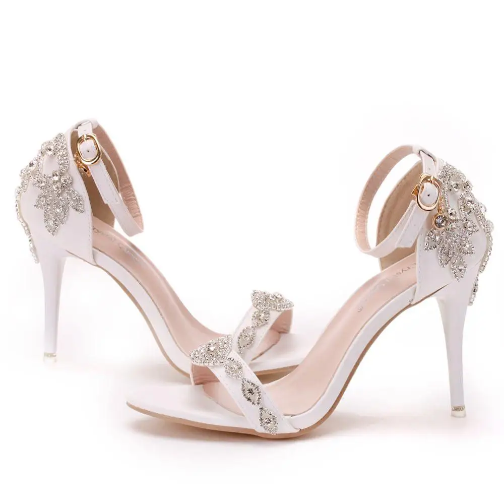 

Women Sandals Summer High Heels Peep Toes Buckle Strap Bridal Pumps Party Luxury Diamond Slingback Lady White Wedding Shoes