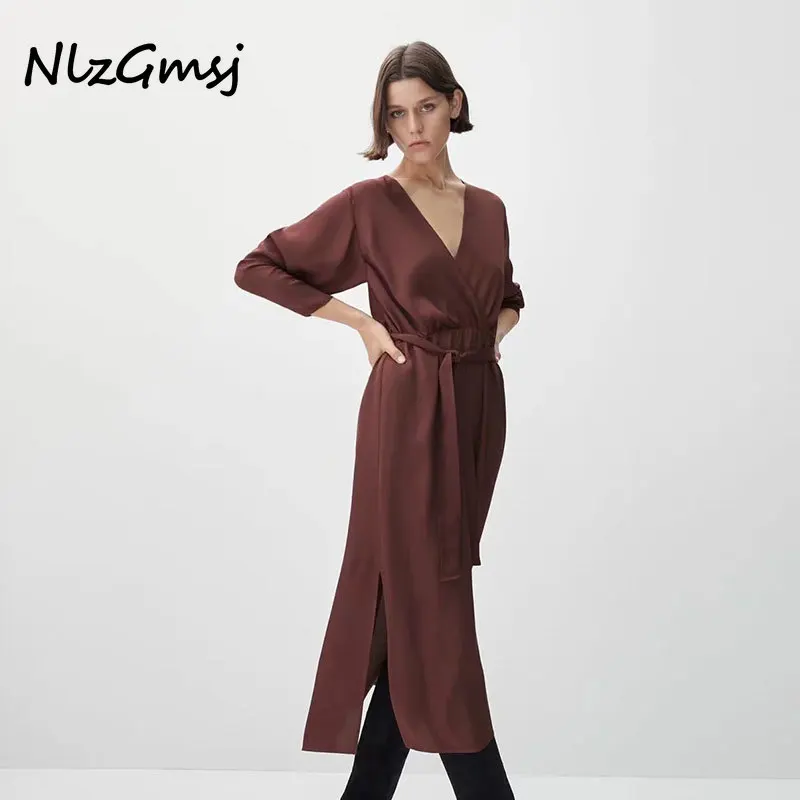 

TRAF Za Dress 2022 Elegant With Belt Midi Dress Woman Autumn Long Sleeve V neck Pleated Chic Ladies Office Dresses 202111