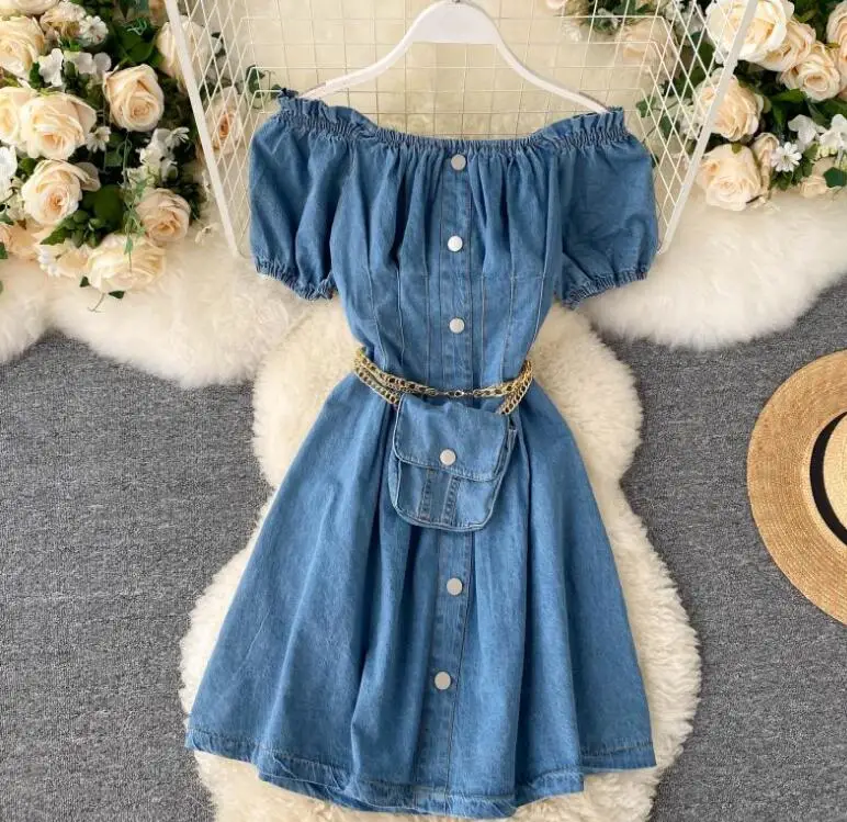 

Women's spring summer runway fashion elastic slash neck denim dress female casual high waist A-line chic dress TB402