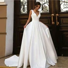 Атласные свадебные платья трапециевидной формы с V-образным вырезом, женское элегантное простое платье невесты, свадебное платье 2021