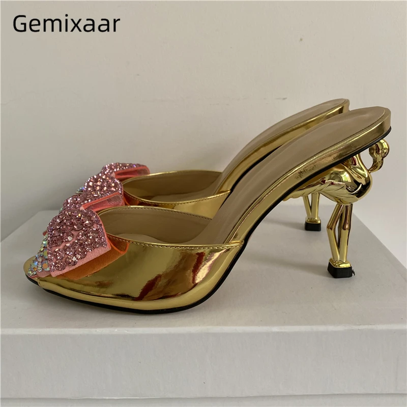 

Diamond Rhinestone Butterfly-flower Sandals Women Unique Flamingo Heel Patent Leather Slingbacks Beaded Sequins Mules Summer