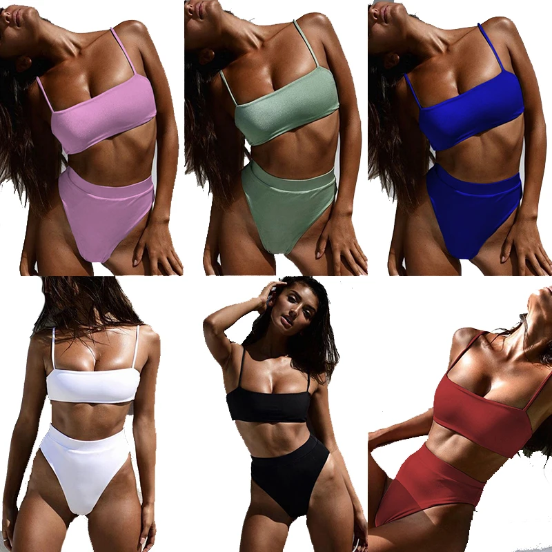 

Women Swimwear 2020 Hot Sale bikini Solid Push Up swimwear Straps High Waist Swimsuit Padded Print Biquini Sexy bathing suit
