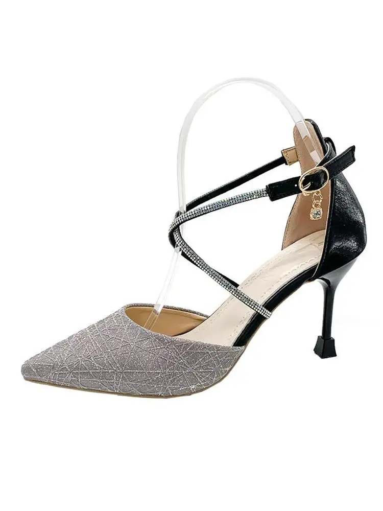 

One Word Buckle Exquisite Fashion Pointed Toe Stilettos Summer Hot Sale Sequin Fabric Temperament Ladies High Heels Sandals