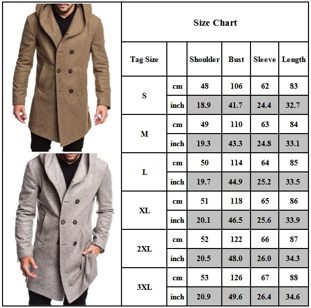 

Fashion Mens Warm Trench Coat Jacket Long Sleeve Hooded Overcoat Double Breasted Outwear