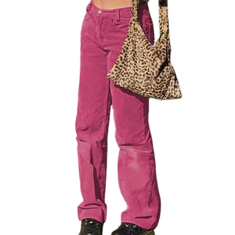 

Women Mid Waisted Corduroy Ribbed Velvet Long Pants Harajuku 90s Vintage Solid Color Straight Leg Trousers Streetwear with Pocke