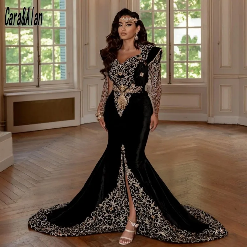 

Formal Moroccan Caftan Black Embroidery Evening Dresses Tassel Beaded Mermaid Prom Gowns For Women Party Wear Custom Made