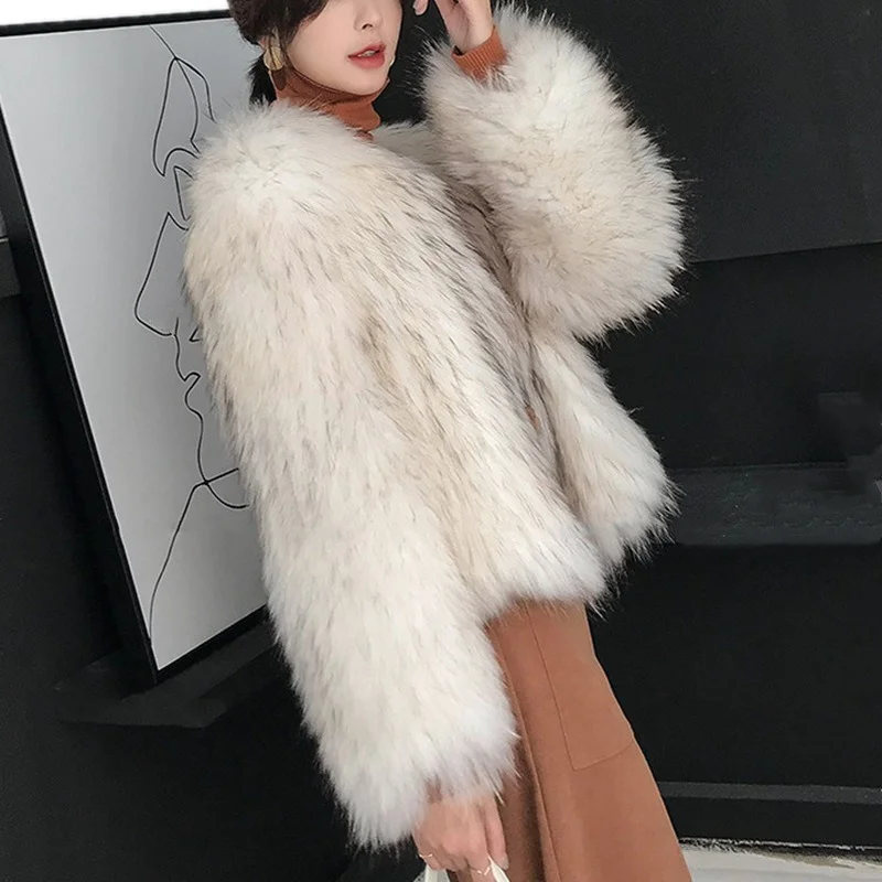 2022 Warm Fur Coat Women's Furry Faux Fox Fur Coat Sexy Fashion Coat Women's Round Neck Long-sleeved Fake Fur Coat New Winter