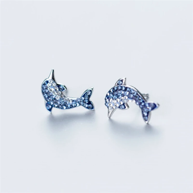 

Elegant Teen Blue Crystal Dolphin Korean Simple Fresh 925 Silver Color Temperament Fashion Female Stud Earrings SEA401