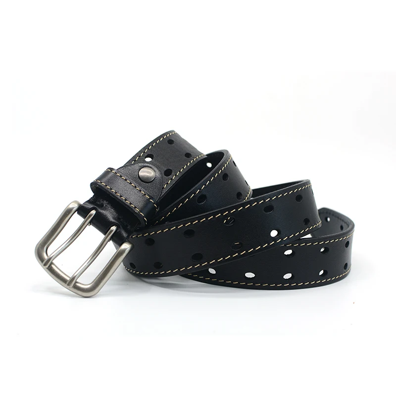 

Unisex Leather Classic Doublerow Perforated Belt 3.3cm Black Brown Hollow Breathable Double Prong Waist Jeans Belt Women Riem
