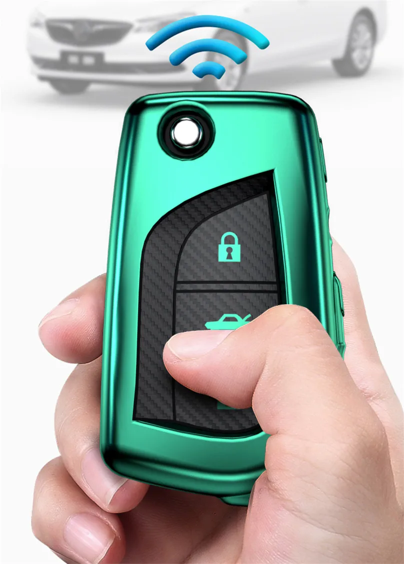 

Carbon Fiber TPU Flip Folding Car Key Case Cover Holder Fit for Toyota Yaris Camry Corolla Prado REIZ Crown RAV4 Hilux Shell Bag