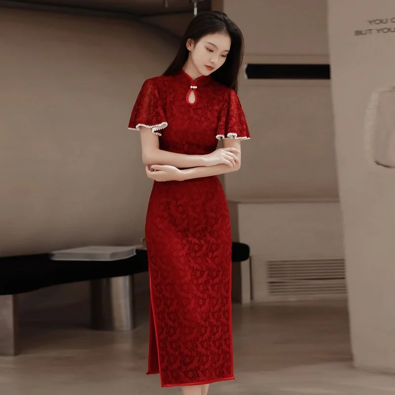 

Cheongsam Dress Modern 2021 Chinese Trational Red Lace Cheongsams Qipao Vintage Oriental Wedding Party Women Dresses Plus Size
