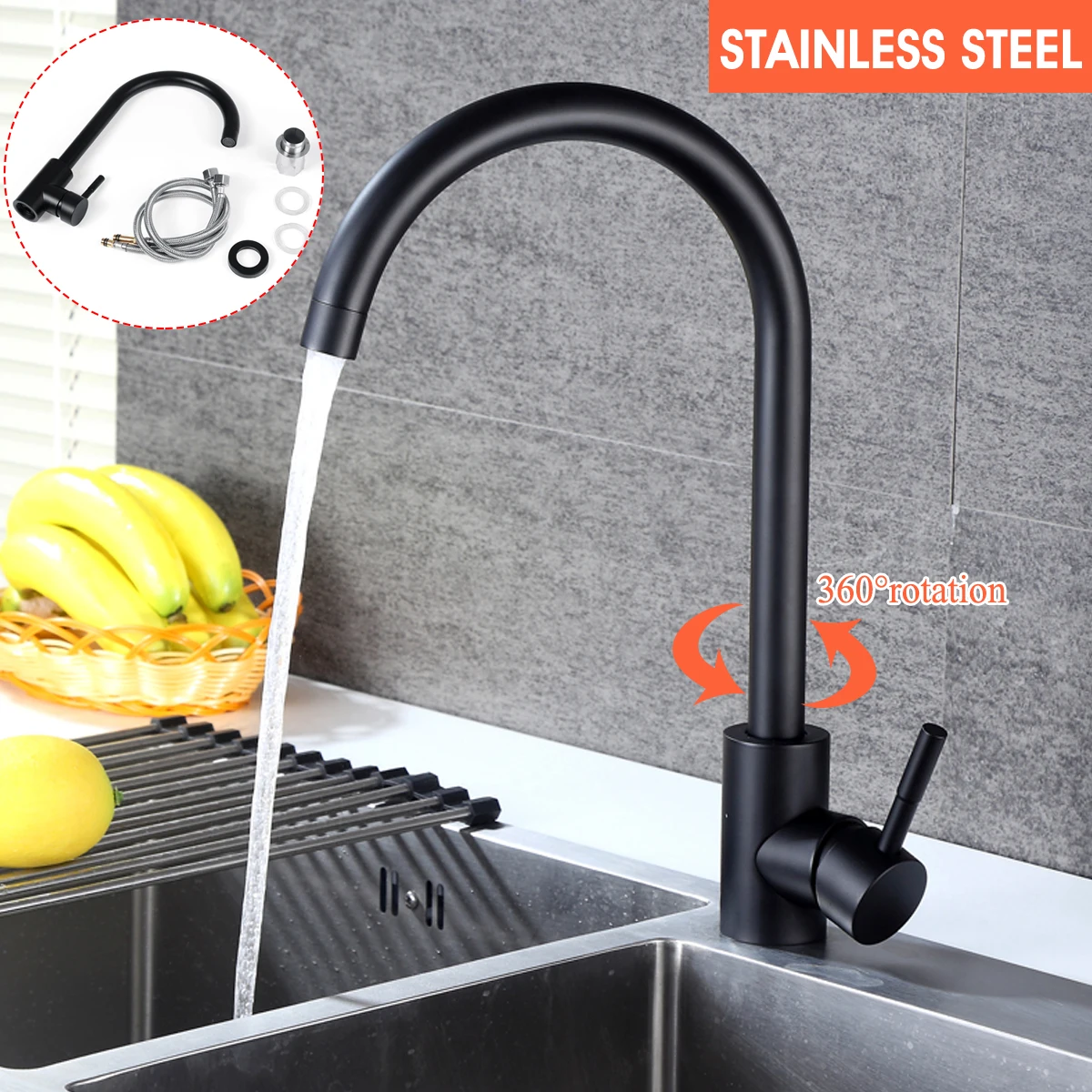 Черный кухонный кран из нержавеющей стали для раковины горячей и холодной воды с