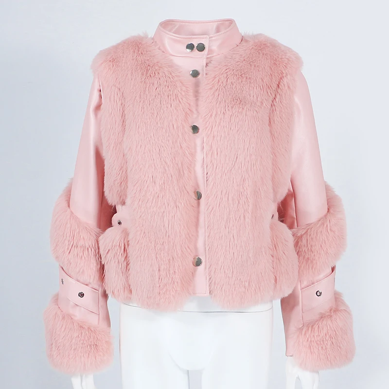 

Furyourself 2021 New Ecofur Faux Fox Fur Coat Winter Jacket Women PU Faux Leather Outerwear Detachable Streetwear Locomotive