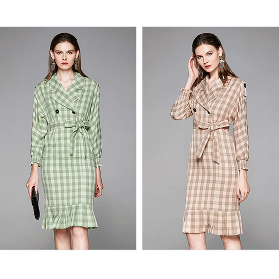 

2021 Female Vintage Green Plaid Midi Dresses Autumn Winter Plus Size Solid Long Sleeve Dress Elegant Women Bodycon Party Vestido