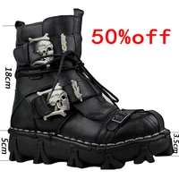 men genuine leather motorcycle boots mid calf military tactical boots gothic skull punk boots work safety boots plus size50