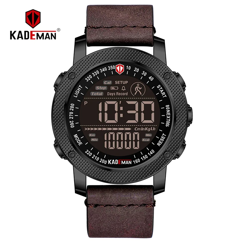 K6121L-B-W-BN Топ спортивные мужские часы шаг подсчета светодиодный дисплей цифровые часы Открытый водонепроницаемый KADEMAN повседневные кожаные Наручные часы Relogio Masculino - Цвет: K6121L-B-W-BN