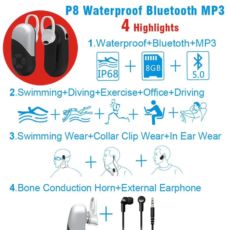 Bluetooth гарнитура IP68 водонепроницаемый MP3 плеер 8 ГБ портативный шейный наушник