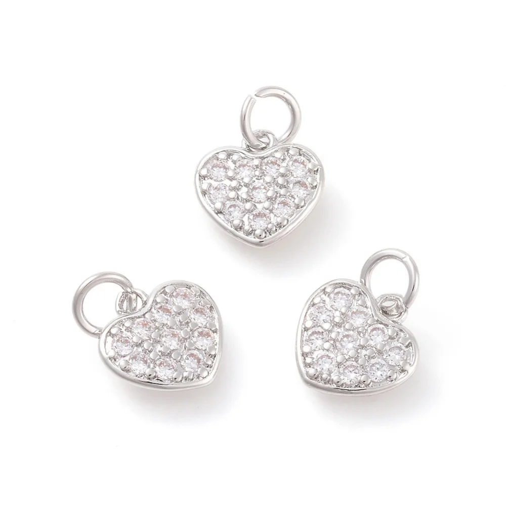 

2 pc Brass Micro Pave Cubic Zirconia Charms Heart Clear Platinum 10x10x1.8mm Hole: 3mm
