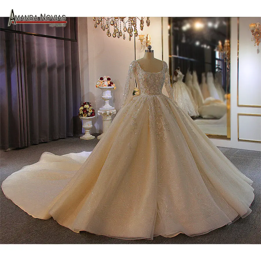 Фото 2022 новый дизайн кружева аппликации бальное платье свадебное с длинным рукавом
