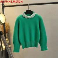 alphalmoda new pearl collar pullover long sleeved sweater womens autumn winter solid sweet jumper knitted bottom sweater