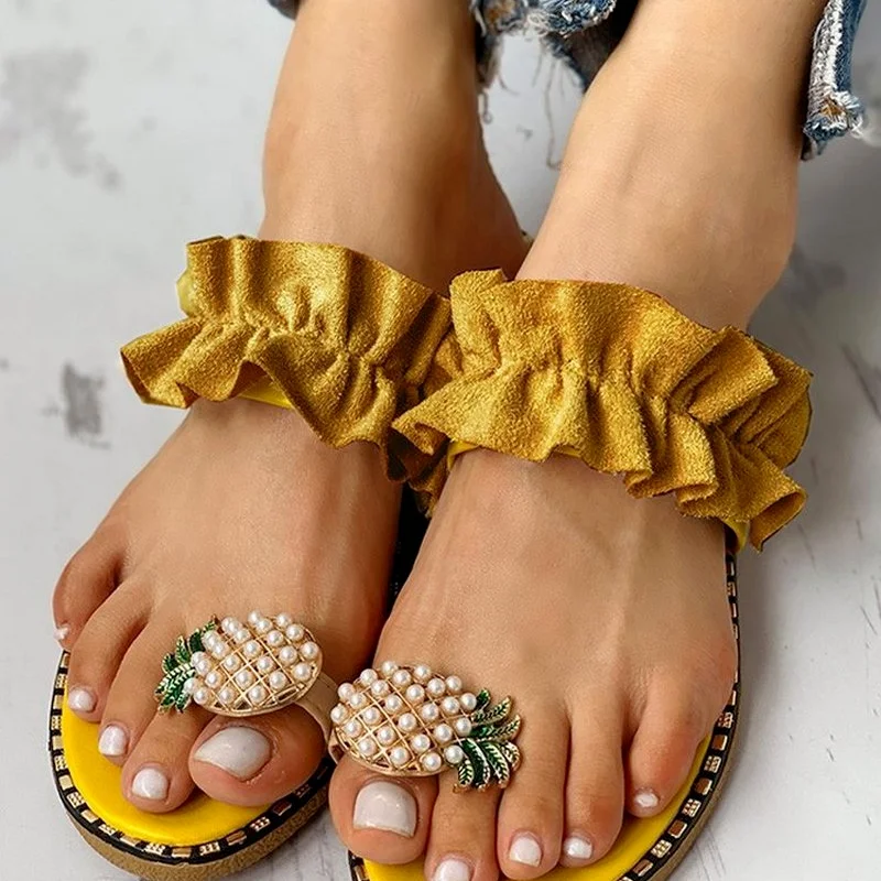 

New Women Slippers Pineapple Pearl Flat Casual Beach Sandals Ladies Shoes Black Slippers ladies shoes and sandals