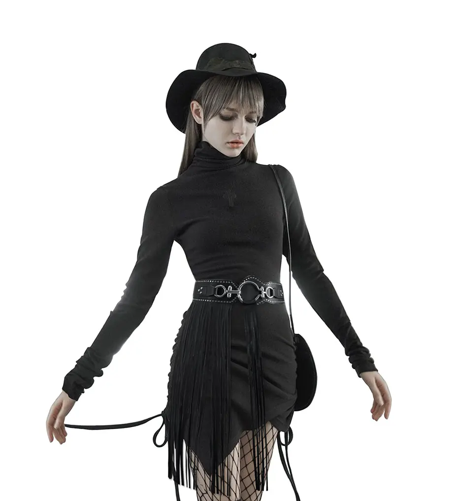 Luxus Design Maikun Punk Goth Gürtel Für Frauen Persönlichkeit Lange Quasten Rock Mode Niet Breiten Elastischen Schwarzen Weiblichen Gürtel – Detail 5