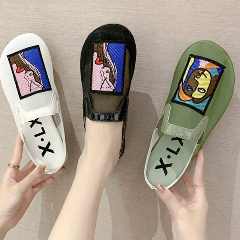 

Net Red Baotou Half Slippers Women's Outer Wear 2021 New Spring and Summer All-match Net Yarn Breathable Drawing Flat Slippers