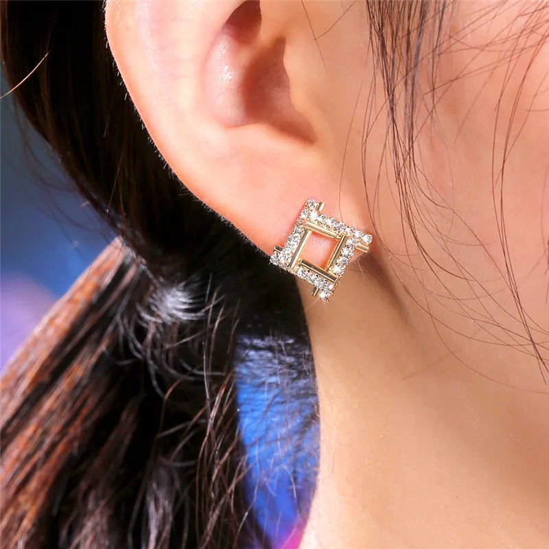 

Simple Female Square Hollow Small Earrings Rose Gold Silver Color Wedding Earrings Trendy White Crystal Stone Stud Earrings